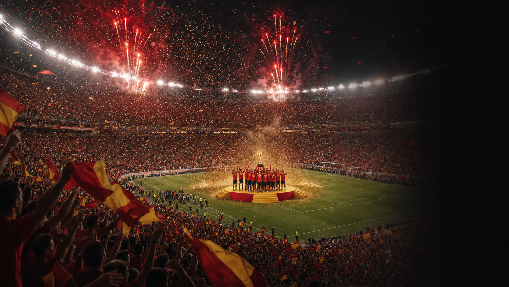 A distant Spanish team celebrating with a gold cup in a packed stadium